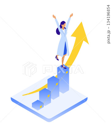 医療DXの成功を喜ぶ女性医師のアイソメイラスト 134196854