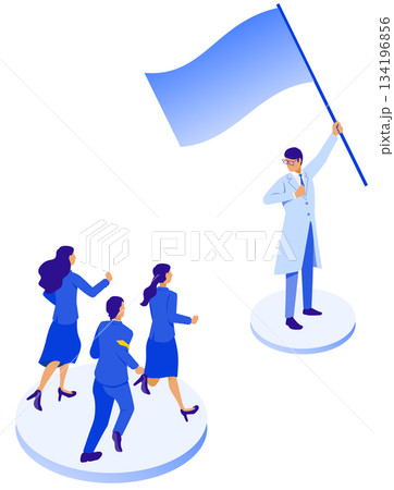 医療DXの旗を掲げる医師と駆け寄るスタッフ 134196856