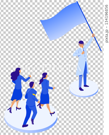 医療DXの旗を掲げる医師と駆け寄るスタッフ 134196856