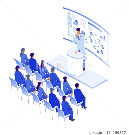 医療DXの講義を行う医師と受講者のアイソメイラスト 134196857