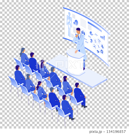 医療DXの講義を行う医師と受講者のアイソメイラスト 134196857