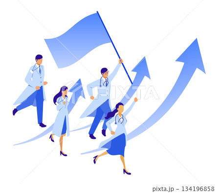 旗を持つ医師とDX推進チームのアイソメイラスト 旗を持つ医師とDX推進チームのアイソメイラスト 134196858