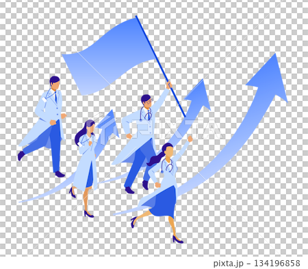 Isometric illustration of a doctor holding a flag and a DX promotion team 134196858