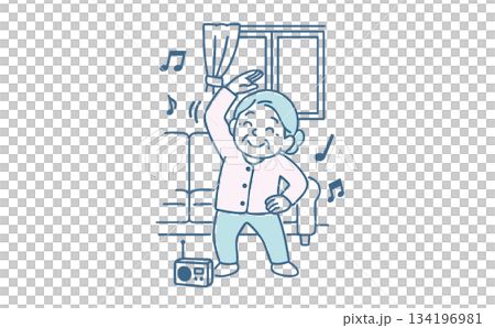 老年婦女喜歡收聽廣播進行鍛鍊和伸展運動 老年婦女喜歡收聽廣播進行鍛鍊和伸展運動 134196981