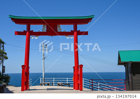 山口県の元乃隅神社、青空と夏の日差し、鳥居の赤色が美しい風景 山口県の元乃隅神社、青空と夏の日差し、鳥居の赤色が美しい風景 134197014