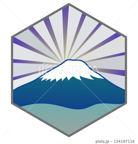 六角背景のついた日の出の富士山のイラスト 134197118