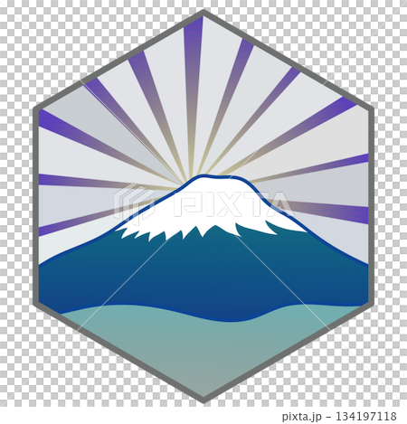 六角背景のついた日の出の富士山のイラスト 134197118