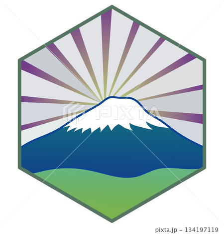 六角背景のついた日の出の富士山のイラスト 134197119