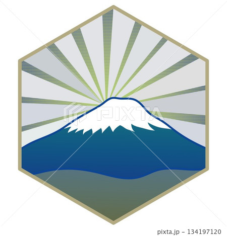 六角背景のついた日の出の富士山のイラスト 134197120