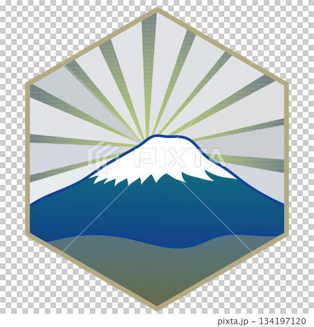 六角背景のついた日の出の富士山のイラスト 134197120