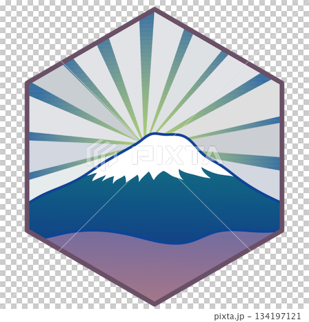 六角背景のついた日の出の富士山のイラスト 134197121