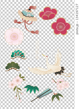 伝統的な鶴と和柄の年賀状テンプレート 134197127