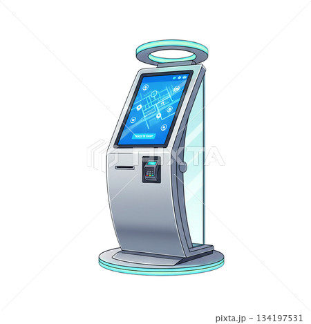 Modern Interactive Kiosk Terminal Illustration Featuring Touchscreen Display and Payment System for Efficient Self-Service Solutions in Public and Commercial Spaces Modern Interactive Kiosk Terminal Illustration Featuring Touchscreen Display and Payment System for Efficient Self-Service Solutions in Public and Commercial Spaces 134197531