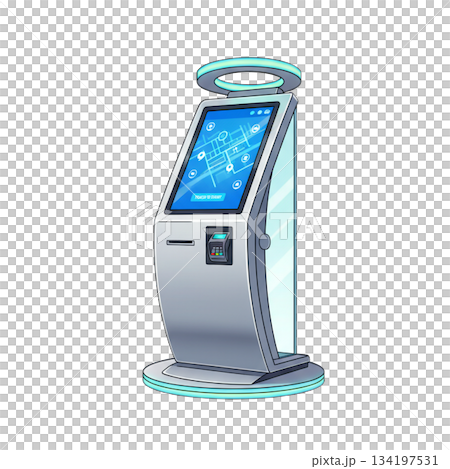 Modern Interactive Kiosk Terminal Illustration Featuring Touchscreen Display and Payment System for Efficient Self-Service Solutions in Public and Commercial Spaces 134197531