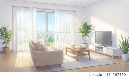 光が差し込む明るく整った住宅のリビングルーム 134197580