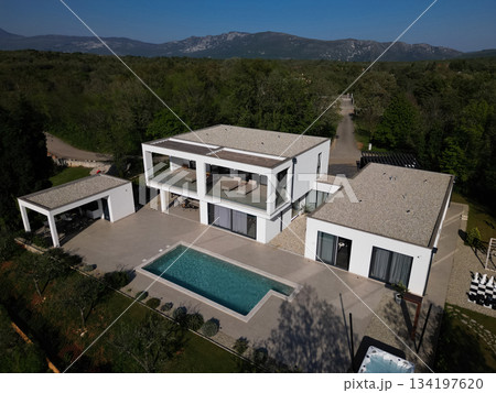 Modern luxury villa with pool, terraces, and clean minimalist architecture captured by drone. Bright sunny day, surrounding greenery, and contemporary outdoor living areas 134197620