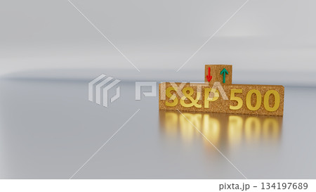 S and P 500 index symbol. Wooden blocks displaying S and P 500 and directional arrows indicating market trends with green and red symbols. On a table with a white background. 3d rendering S and P 500 index symbol. Wooden blocks displaying S and P 500 and directional arrows indicating market trends with green and red symbols. On a table with a white background. 3d rendering 134197689