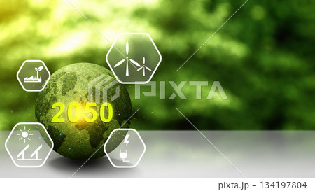 Green globe resembling Earth, with a focus on environmental issues and the reduction of CO2 emissions by the year 2050. Concept of Net Zero Emission Green globe resembling Earth, with a focus on environmental issues and the reduction of CO2 emissions by the year 2050. Concept of Net Zero Emission 134197804