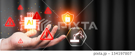 Hand is holding glowing icons representing AI, security, and automation, surrounded by warning symbols, suggesting potential dangers. Concept of artificial intelligence risk management 134197807