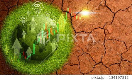 Globe covered in grass with emission symbols, placed on cracked, dry soil. The balance between environmental health and economic trends indicated by candlestick charts. Concept of Climate Investment Globe covered in grass with emission symbols, placed on cracked, dry soil. The balance between environmental health and economic trends indicated by candlestick charts. Concept of Climate Investment 134197812