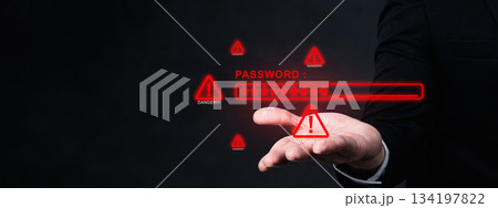 Cybersecurity threat with a password warning sign on a hand. Represents data breaches, vulnerabilities, and online security risks. Concept of Data Security Cybersecurity threat with a password warning sign on a hand. Represents data breaches, vulnerabilities, and online security risks. Concept of Data Security 134197822