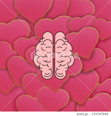 Brain symbolizing the connection between critical thinking, wisdom, and rationality, surrounded by numerous hearts representing feelings, love, and passion. Collage art Brain symbolizing the connection between critical thinking, wisdom, and rationality, surrounded by numerous hearts representing feelings, love, and passion. Collage art 134197848
