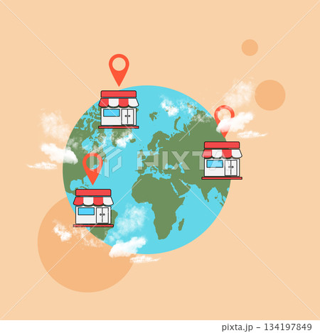 Earth map with a global retail network with pin locations on different continents, representing business expansion, and worldwide distribution of stores. Collage art. Concept of Expand 134197849