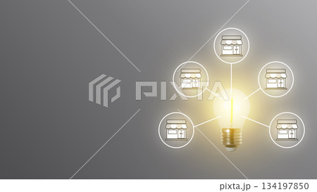Light bulb illuminating and connecting to multiple shop icons, symbolizing new ideas driving business expansion and growth through a franchise network model. Concept of Expand Light bulb illuminating and connecting to multiple shop icons, symbolizing new ideas driving business expansion and growth through a franchise network model. Concept of Expand 134197850