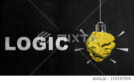 Logic concept displayed with a hanging lightbulb, its bulb a crumpled yellow paper, radiating light on a dark background, representing thought and innovation 134197856