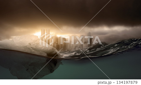 Dramatic effects of climate change with a flooded city skyline blurred in the background under a stormy sky, conveying a sense of impending doom and environmental crisis. Concept of Global Warming 134197879