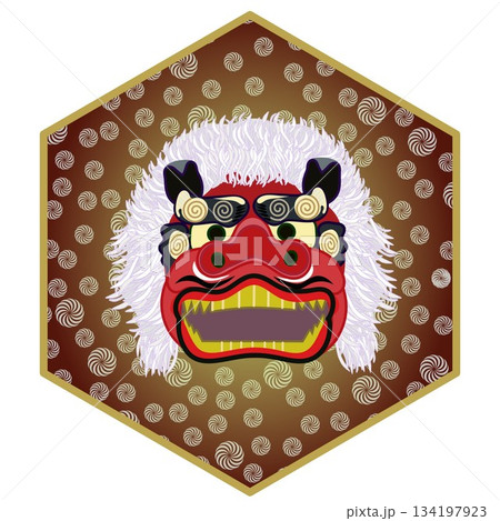 六角背景のついた獅子頭のイラスト 134197923