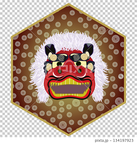 六角背景のついた獅子頭のイラスト 134197923