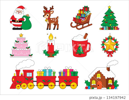 Cute Cartoon Christmas Clip Art Set Santa Claus, Reindeer, Train & Gingerbread House Icons Cute Cartoon Christmas Clip Art Set Santa Claus, Reindeer, Train & Gingerbread House Icons 134197942