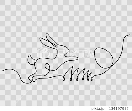 Easter Bunny jumping on the lawn and Easter Egg One Continuous line Easter Holiday Minimalist Design. Isolated Vector illustration Greetings Thematic Cards Invite Promo Banner, leaflets, media posting Easter Bunny jumping on the lawn and Easter Egg One Continuous line Easter Holiday Minimalist Design. Isolated Vector illustration Greetings Thematic Cards Invite Promo Banner, leaflets, media posting 134197955
