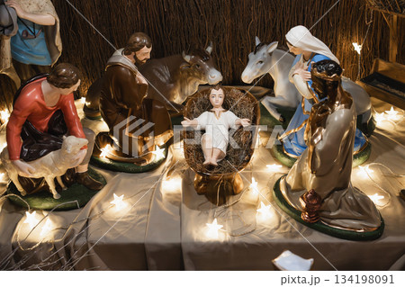 Noel Christmas nativity scene Creche with Joseph Mary, Jesus and magi Noel Christmas nativity scene Creche with Joseph Mary, Jesus and magi 134198091