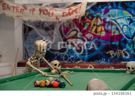 spooky halloween decor aound billiards pool table spooky halloween decor aound billiards pool table 134198161
