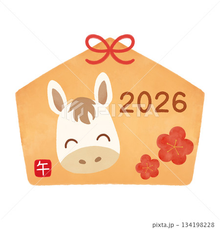 馬の絵馬　水彩イラスト　干支・午年・新年・正月の縁起物素材 134198228