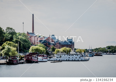 Stockholm Sweden panoramic view downtown and Gamla Stan Old Town over calm water 134198234