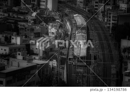 鉄道とビル群のモノクロ風景 134198786