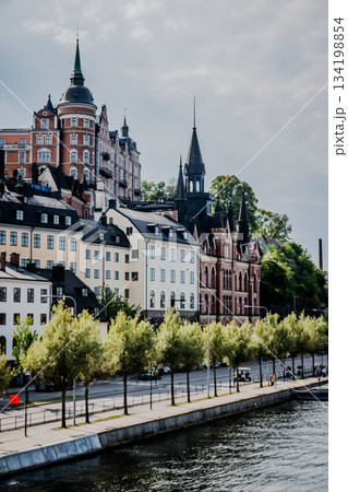 Stockholm Sweden panoramic view downtown and Gamla Stan Old Town over calm water 134198854