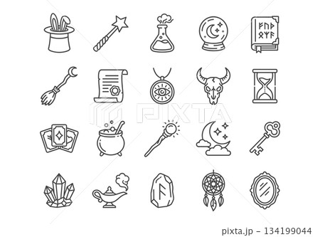 Magic line icons. A collection of 20 mystical symbols like potion, spellbook, wand, and crystal ball. Perfect for fantasy and witchcraft projects. Vector outline style. 134199044
