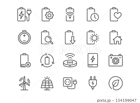 Set of 20 linear icons focusing on battery, charging, renewable energy, and power. Clean vector line art style suitable for UI/UX design, apps, and web interfaces. Set of 20 linear icons focusing on battery, charging, renewable energy, and power. Clean vector line art style suitable for UI/UX design, apps, and web interfaces. 134199047