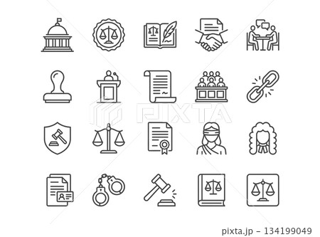 Law and justice line icon set. 20 outline symbols including gavel, scales, judge, courthouse, handcuffs, and legal documents for web and app design. 134199049