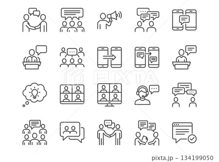 Vector line icon set of business communication. Includes people, speech bubbles, phones, conference calls, and teamwork concepts. Black and white, clean, modern design. 134199050