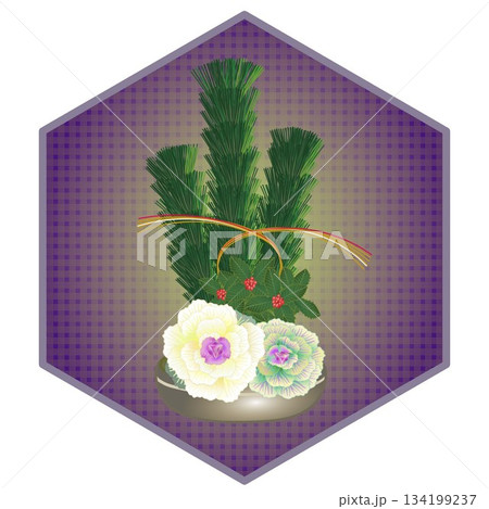 六角背景のついた正月花のイラスト 134199237