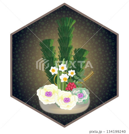 六角背景のついた正月花のイラスト 六角背景のついた正月花のイラスト 134199240