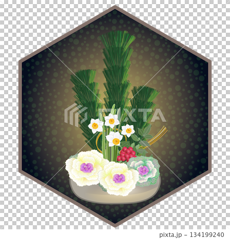 六角背景のついた正月花のイラスト 六角背景のついた正月花のイラスト 134199240