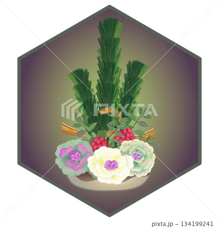 六角背景のついた正月花のイラスト 134199241