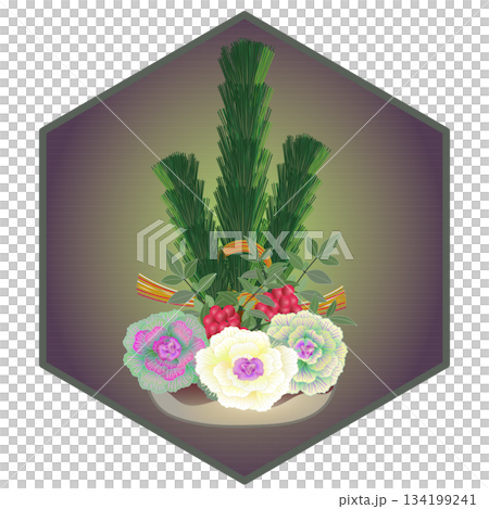 六角背景のついた正月花のイラスト 134199241
