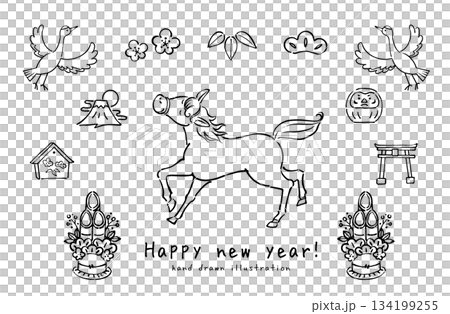 New Year's illustration Horse and New Year's hand-drawn material set 134199255